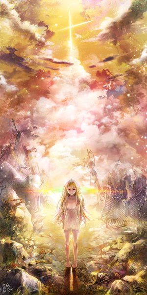 Anime picture 1000x2000 with original salvia single long hair tall image blonde hair red eyes standing bare shoulders sky cloud (clouds) barefoot sunlight bare legs shadow no shoes sunbeam destruction girl dress