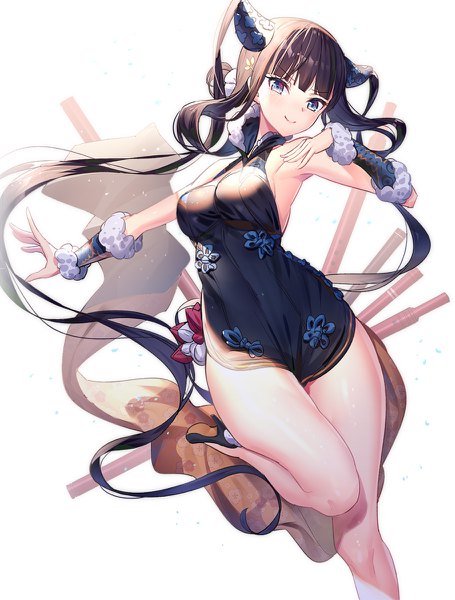 Anime picture 910x1200 with fate (series) fate/grand order yang guifei (fate) ririko (zhuoyandesailaer) single long hair tall image looking at viewer blush fringe breasts blue eyes light erotic black hair simple background smile standing white background twintails bare shoulders