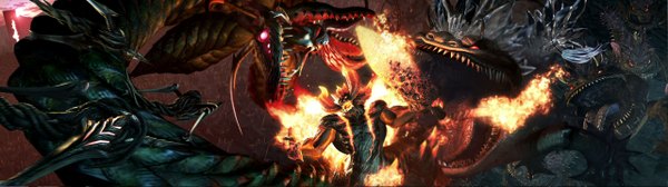 Anime picture 2560x720 with devil may cry tagme (character) highres open mouth wide image battle 3d long image fire monster