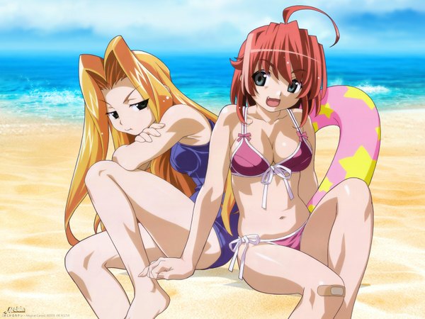 Anime picture 1600x1200 with magical canan anime international company hiiragi chihaya carmein cerulean blue mizuki sayaka watanabe akio open mouth light erotic multiple girls red hair orange hair beach third-party edit star print cropped girl navel 2 girls swimsuit