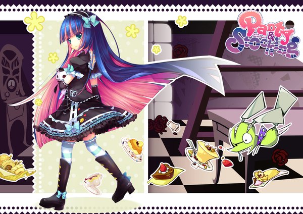Anime picture 1637x1157 with panty & stocking with garterbelt anarchy stocking chuck yayin (yayin233) single long hair looking at viewer fringe smile blue hair pink hair full body blunt bangs multicolored hair aqua eyes light smile two-tone hair short sleeves puffy sleeves copyright name