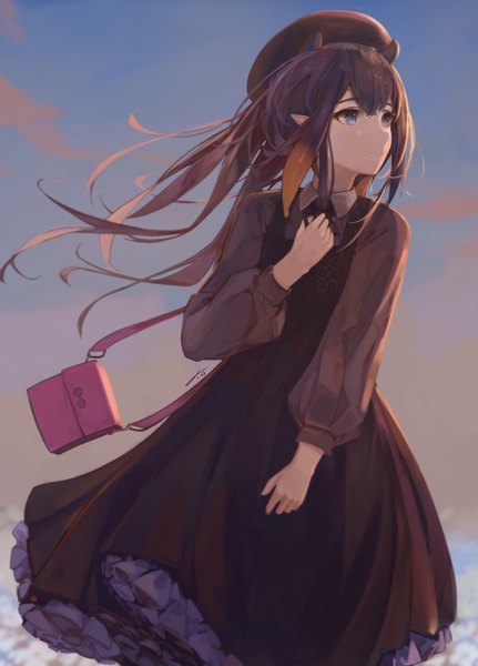 Anime picture 1040x1447 with virtual youtuber hololive hololive english ninomae ina'nis ninomae ina'nis (2nd costume) jushoro single long hair tall image fringe blue eyes hair between eyes animal ears looking away outdoors wind pointy ears official alternate costume extra ears dark hair