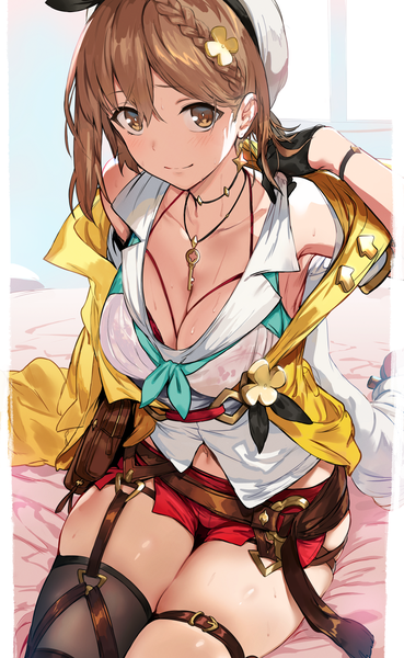 Anime picture 898x1462 with atelier (series) atelier ryza gust (company) reisalin stout hews single tall image blush fringe short hair breasts light erotic smile hair between eyes brown hair large breasts sitting brown eyes cleavage indoors