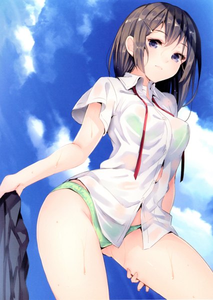 Anime picture 3668x5164 with original moe-colle (artbook) paseri single long hair tall image looking at viewer blush highres light erotic brown hair standing purple eyes holding absurdres sky cloud (clouds) light smile scan open clothes