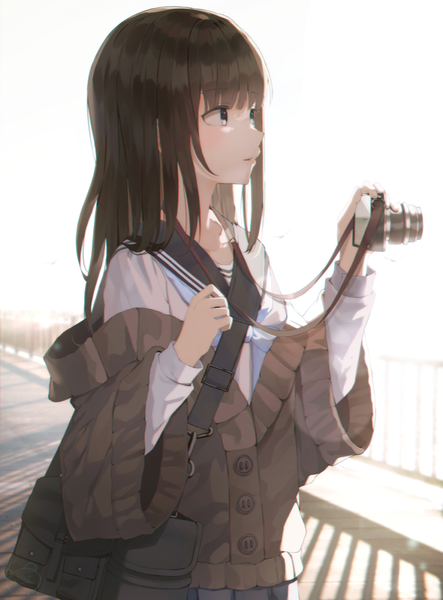 Anime picture 959x1300 with original ruda (ruda e) single long hair tall image fringe brown hair standing holding brown eyes looking away blunt bangs long sleeves off shoulder wide sleeves arms up partially open clothes girl uniform serafuku