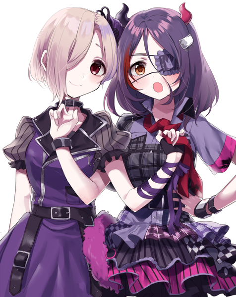 Anime picture 1112x1400 with idolmaster idolmaster cinderella girls idolmaster cinderella girls starlight stage shirasaka koume hayasaka mirei sinsihukunokonaka tall image looking at viewer blush fringe short hair simple background blonde hair smile red eyes white background multiple girls purple hair multicolored hair horn (horns)