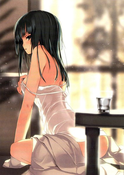 Anime picture 1232x1737 with original refeia single long hair tall image fringe light erotic black hair bare shoulders ass black eyes blurry wet depth of field undressing strap slip wet clothes see-through silhouette girl transparent clothing