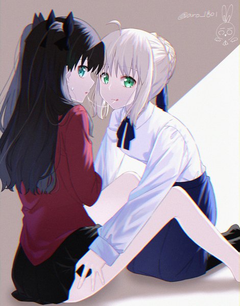 Anime picture 2480x3165 with fate (series) fate/stay night artoria pendragon (all) saber toosaka rin aro 1801 long hair tall image looking at viewer highres short hair open mouth light erotic black hair blonde hair sitting multiple girls green eyes payot ahoge