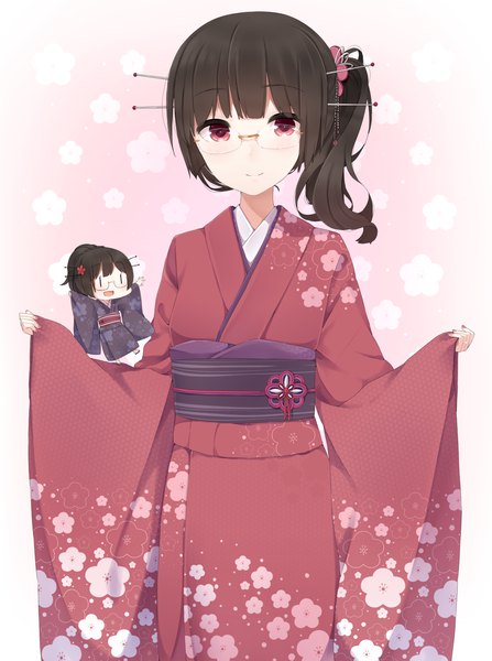 Anime picture 1000x1342 with kantai collection choukai heavy cruiser yukichi (sukiyaki39) single long hair tall image looking at viewer black hair red eyes traditional clothes japanese clothes side ponytail l l girl hair ornament glasses kimono doll (dolls)