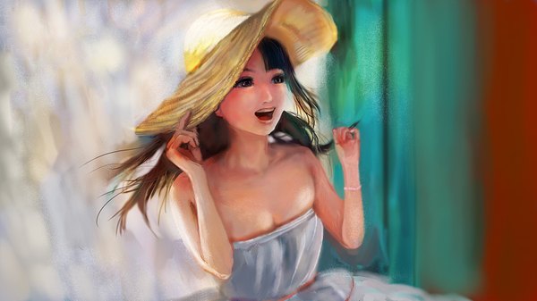 Anime picture 1600x900 with real life sayumi michishige kaoru aoyagi single long hair fringe open mouth brown hair wide image bare shoulders brown eyes looking away happy laughing girl dress hat bracelet white dress curtains