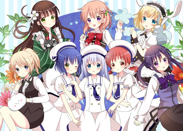 Anime picture 1620x1164 with gochuumon wa usagi desu ka? bartender white fox kafuu chino hoto cocoa tedeza rize tippy (gochiusa) kirima sharo ujimatsu chiya jouga maya natsu megumi anko (gochiusa) aoyama blue mountain wild geese ryoutan long hair looking at viewer blush fringe short hair