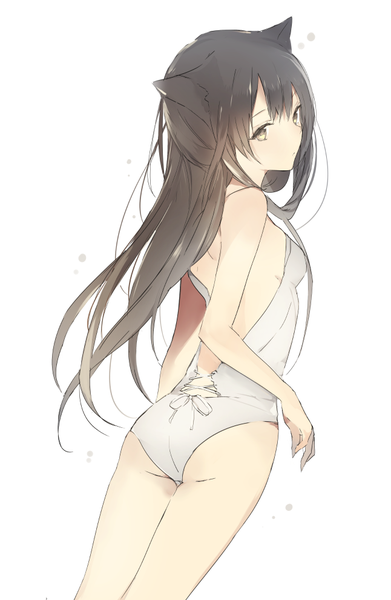 Anime picture 646x990 with original lpip single long hair tall image looking at viewer fringe breasts light erotic black hair simple background white background bare shoulders brown eyes animal ears ass cat ears bare legs cat girl turning head