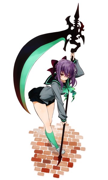 Аниме картинка 900x1500 с последний серафим wit studio hiiragi shinoa yamaguchi satoshi один (одна) высокое изображение смотрит на зрителя румянец чёлка короткие волосы грудь простой фон улыбка волосы между глазами красные глаза белый фон держать пейсы фиолетовые волосы коса (косы)