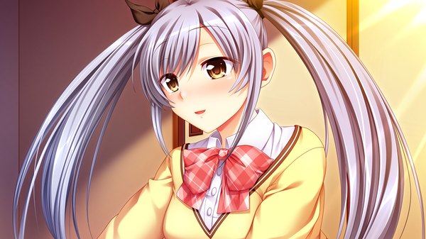 Anime picture 1024x576 with papa love (game) long hair wide image twintails yellow eyes game cg grey hair girl uniform bow school uniform sweater