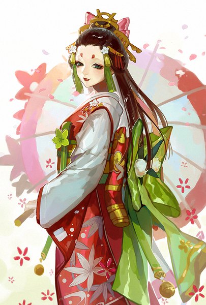 イラスト 676x1000 と 陰陽師 ame onna 蕉 ソロ 長髪 長身像 カメラ目線 黒髪 緑の目 traditional clothes 和服 lipstick eyebrows eyeshadow red lipstick makeup floral background 女の子 髪飾り 花弁