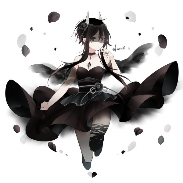 Anime picture 1200x1200 with original kuroi (liar-player) single long hair looking at viewer fringe breasts black hair simple background hair between eyes white background bare shoulders signed payot full body bent knee (knees) hair flower horn (horns) black eyes twitter username