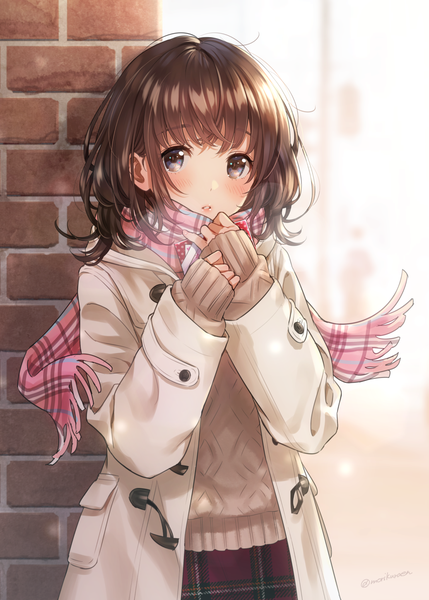 Anime picture 1036x1450 with original morikura en single tall image looking at viewer blush fringe short hair brown hair standing holding signed parted lips grey eyes twitter username sleeves past wrists plaid skirt exhalation valentine brick wall