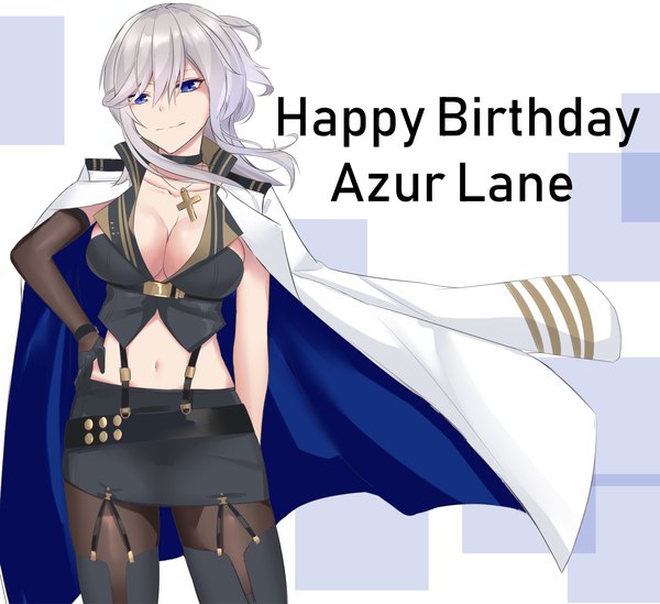Anime picture 1500x1373 with azur lane washington (azur lane) eternity (shadeh) single long hair looking at viewer fringe breasts blue eyes light erotic simple background smile hair between eyes large breasts standing white background grey hair copyright name clothes on shoulders happy birthday