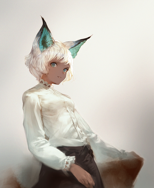 Anime picture 900x1102 with original wadanaka single tall image looking at viewer fringe short hair simple background smile animal ears white hair long sleeves parted lips aqua eyes cat ears cat girl gradient background dark skin girl skirt