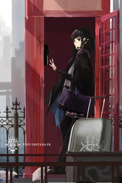 Anime picture 1511x2267 with original pixiv fantasia pixiv fantasia fallen kings paradise (character) swd3e2 single tall image looking at viewer short hair black hair inscription logo girl dress thigh boots fence phone suitcase phone booth