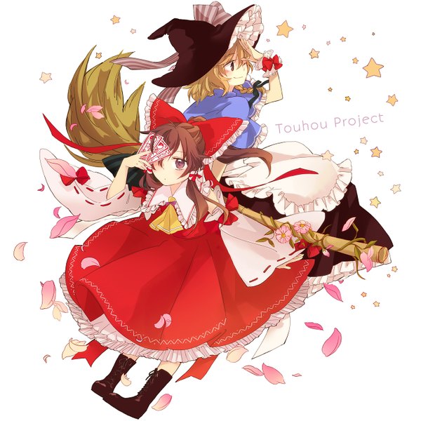 Anime picture 1425x1425 with touhou hakurei reimu kirisame marisa yonu (yonurime) long hair blush short hair blonde hair smile brown hair white background multiple girls brown eyes ponytail one eye closed wink inscription miko girl flower (flowers)