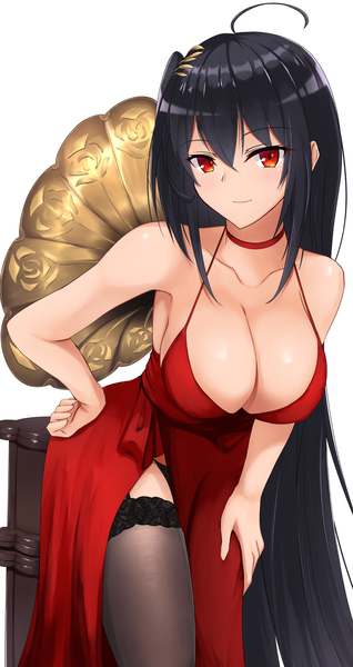 Anime picture 960x1812 with azur lane taihou (azur lane) taihou (forbidden feast) (azur lane) nankaichimu single tall image looking at viewer blush fringe breasts light erotic black hair simple background smile hair between eyes red eyes large breasts white background bare shoulders cleavage
