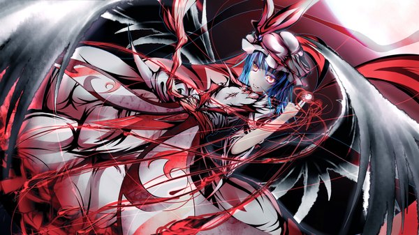Anime picture 3840x2160 with touhou remilia scarlet garyljq single highres short hair red eyes wide image blue hair absurdres magic bat wings girl dress hat wings bonnet