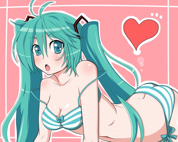 Anime picture 3937x3149 with vocaloid hatsune miku j (shining-next) single blush highres open mouth light erotic twintails absurdres ahoge very long hair aqua eyes aqua hair girl hair ornament underwear panties heart