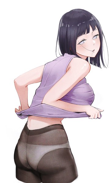 Anime picture 1793x2988 with naruto studio pierrot naruto (series) hyuuga hinata c-eye single tall image looking at viewer blush highres short hair breasts open mouth light erotic black hair simple background large breasts standing white background ass