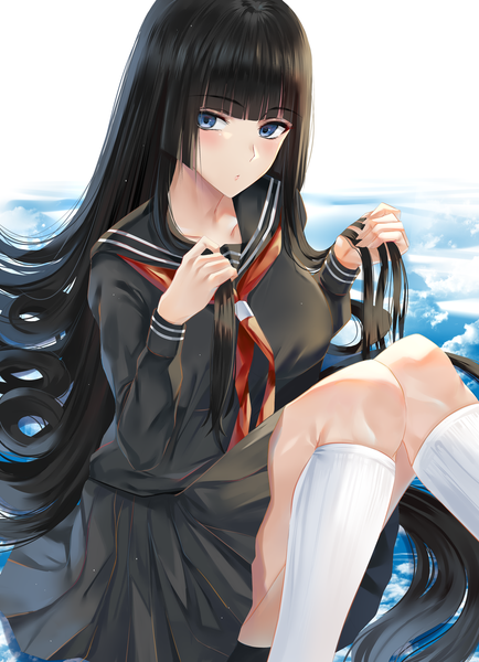 Anime picture 1200x1656 with original nicky w single tall image looking at viewer blush fringe breasts blue eyes black hair simple background white background sitting sky cloud (clouds) blunt bangs long sleeves very long hair pleated skirt holding hair