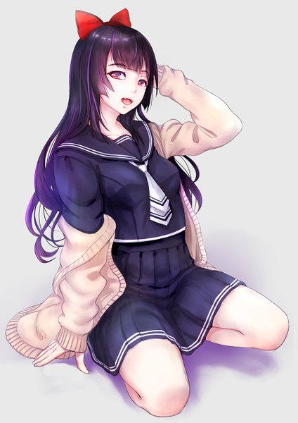 Anime picture 900x1273 with original konekoneko (indonesia) single long hair tall image looking at viewer fringe open mouth simple background red eyes payot purple hair full body bent knee (knees) blunt bangs pleated skirt off shoulder grey background arm support sleeves past wrists