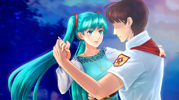 Anime picture 1920x1080 with everlasting summer vocaloid iichan eroge hatsune miku semyon (everlasting summer) orika nekoi long hair blush fringe highres short hair blue eyes brown hair wide image twintails aqua hair holding hands dancing girl boy