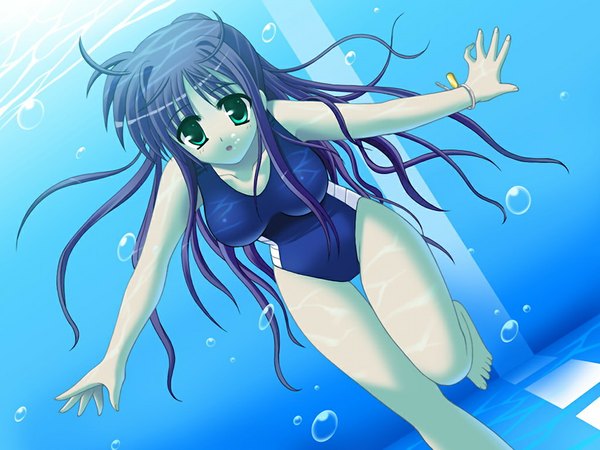 Anime picture 1024x768 with sakura machizaka stories (game) long hair green eyes game cg purple hair girl swimsuit one-piece swimsuit school swimsuit