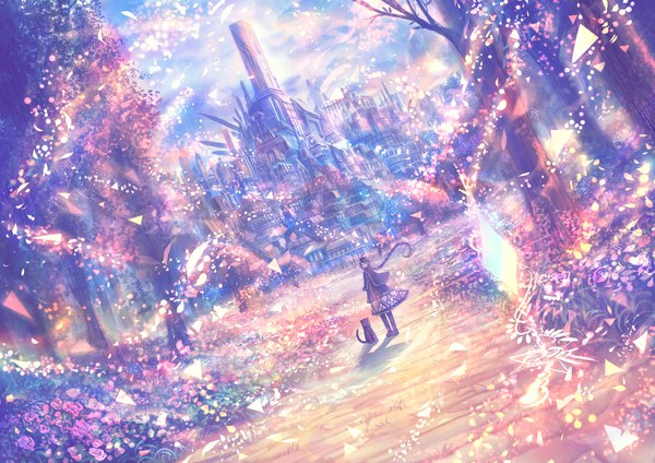 Anime picture 1697x1200 with original bounin single long hair looking at viewer black hair smile standing full body ahoge braid (braids) wind dutch angle city single braid cityscape girl flower (flowers) plant (plants) animal