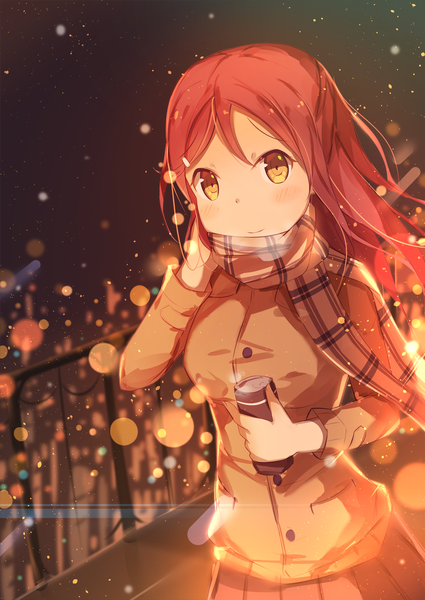 Anime picture 1500x2118 with love live! sunshine!! sunrise (studio) love live! sakurauchi riko h-alice single long hair tall image looking at viewer blush fringe standing holding yellow eyes outdoors red hair pleated skirt light smile night depth of field
