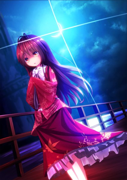 Anime picture 1414x2000 with touhou tagme (character) kagayan1096 single long hair tall image fringe open mouth hair between eyes brown hair brown eyes looking away cloud (clouds) crescent girl dress moon