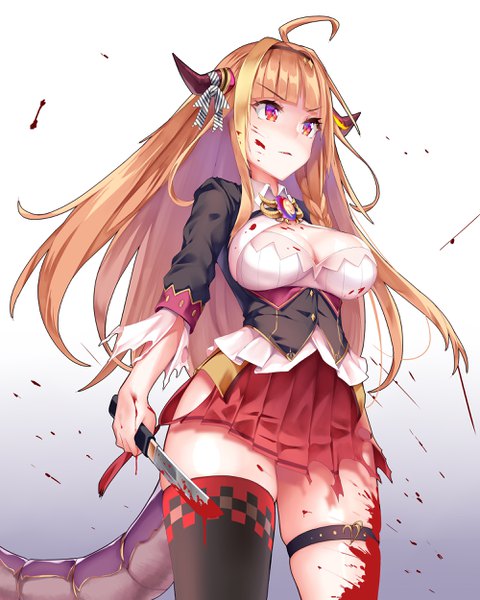 Anime picture 2000x2500 with virtual youtuber hololive kiryuu coco mogmog single long hair tall image highres breasts light erotic simple background blonde hair red eyes standing looking away cleavage ahoge tail pleated skirt horn (horns)