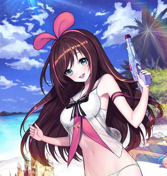 Anime-Bild 1476x1554 mit virtual youtuber a.i. channel kizuna ai kyundoo single long hair tall image looking at viewer blush fringe open mouth blue eyes light erotic smile brown hair standing holding payot sky cloud (clouds)