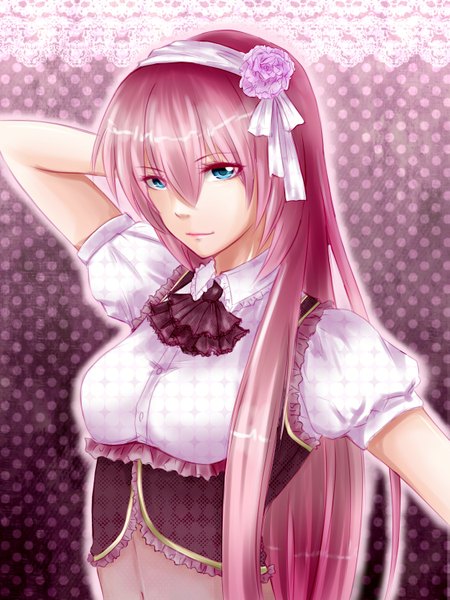Anime picture 1125x1500 with vocaloid megurine luka single long hair tall image blue eyes simple background smile pink hair hair flower polka dot polka dot background girl hair ornament ribbon (ribbons) hair ribbon