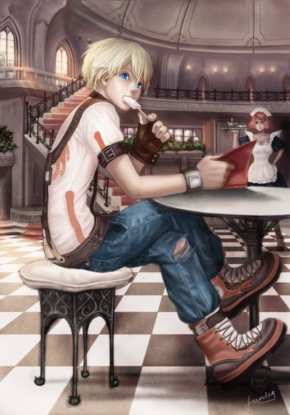 Anime picture 1048x1500 with original bobo1983 tall image short hair blue eyes blonde hair sitting signed red hair maid torn clothes eating checkered floor waitress boy gloves food belt sweets fingerless gloves