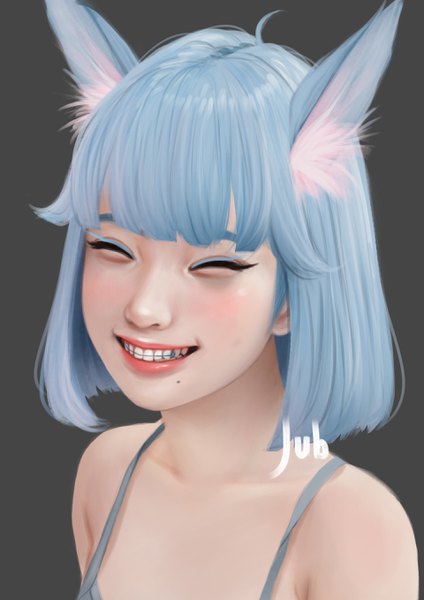 Anime picture 1920x2716 with original lizha (jubi) jubi (regiana) single tall image looking at viewer fringe highres short hair simple background smile bare shoulders signed animal ears blue hair eyes closed lips realistic grey background mole