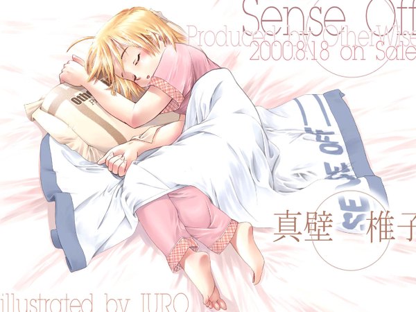 Anime picture 1280x960 with iuro single open mouth blonde hair lying barefoot sleeping soft beauty quilt sense off