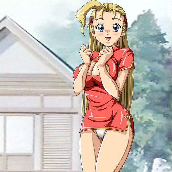 Anime picture 1024x1024 with history's strongest disciple kenichi fuurinji miu single long hair blush breasts open mouth blue eyes light erotic blonde hair smile large breasts chinese clothes girl underwear panties chinese dress house