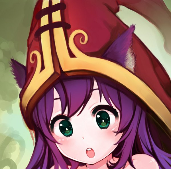 Anime picture 1132x1124 with league of legends lulu (league of legends) tagme (artist) single long hair blush open mouth bare shoulders green eyes animal ears purple hair looking down close-up face surprised girl hat witch hat