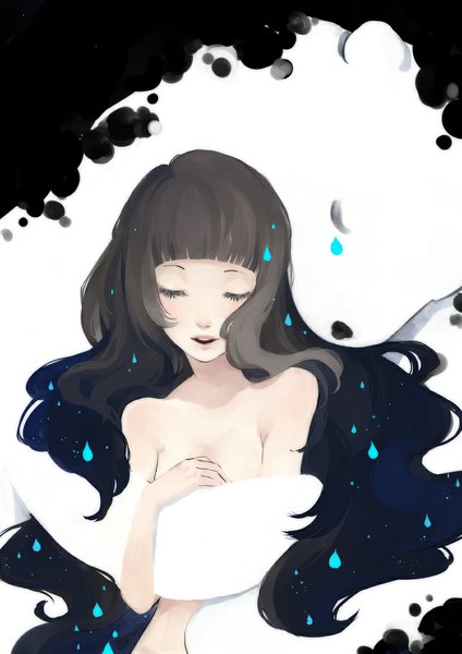 Anime picture 800x1132 with original kaytseki long hair tall image fringe open mouth light erotic black hair bare shoulders eyes closed bare belly hug wavy hair crying hug from behind girl animal water drop bear polar bear