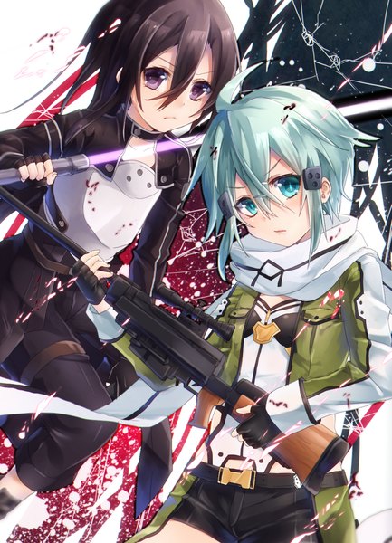 Anime picture 1053x1458 with sword art online a-1 pictures kirigaya kazuto asada shino keita (tundereyuina) long hair tall image blush short hair black hair ahoge parted lips pink eyes aqua eyes aqua hair open clothes open jacket otoko no ko sniper girl