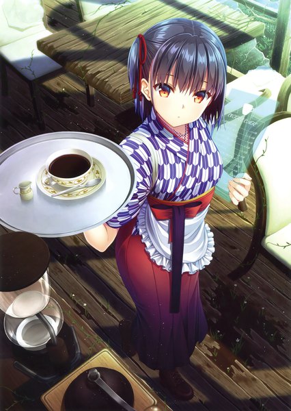 Anime picture 2342x3300 with original eshi 100-nin ten asami asami single tall image looking at viewer fringe highres short hair black hair brown eyes full body traditional clothes japanese clothes from above scan one side up waitress wa maid yagasuri