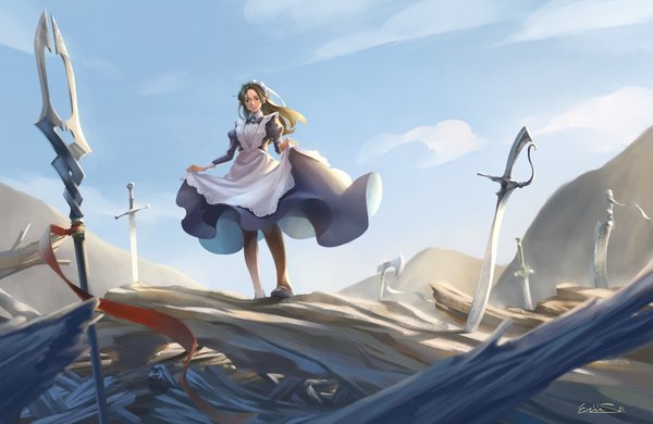 Anime picture 1536x1000 with original eiri su single long hair looking at viewer brown hair standing green eyes signed sky cloud (clouds) full body outdoors wind maid puffy sleeves dress lift girl dress uniform