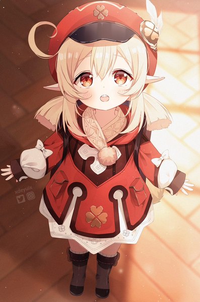 Anime picture 795x1200 with genshin impact klee (genshin impact) deyui single long hair tall image looking at viewer blush fringe open mouth blonde hair hair between eyes red eyes standing twintails full body ahoge long sleeves from above pointy ears