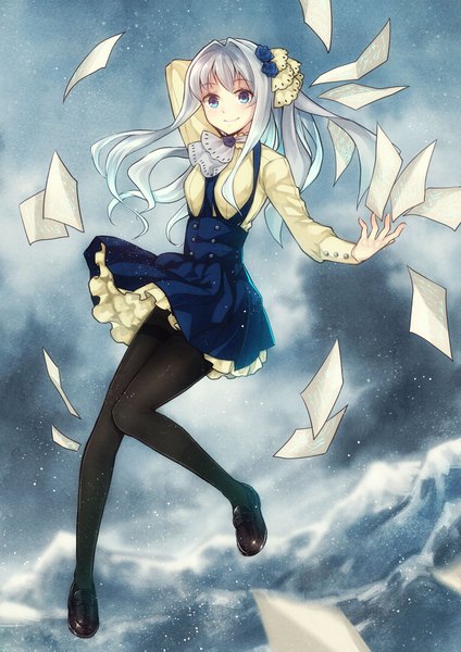 Anime picture 1480x2093 with original heiwari kanade single long hair tall image looking at viewer blush fringe blue eyes smile cloud (clouds) bent knee (knees) white hair wind hand on head knees touching girl dress hair ornament flower (flowers)